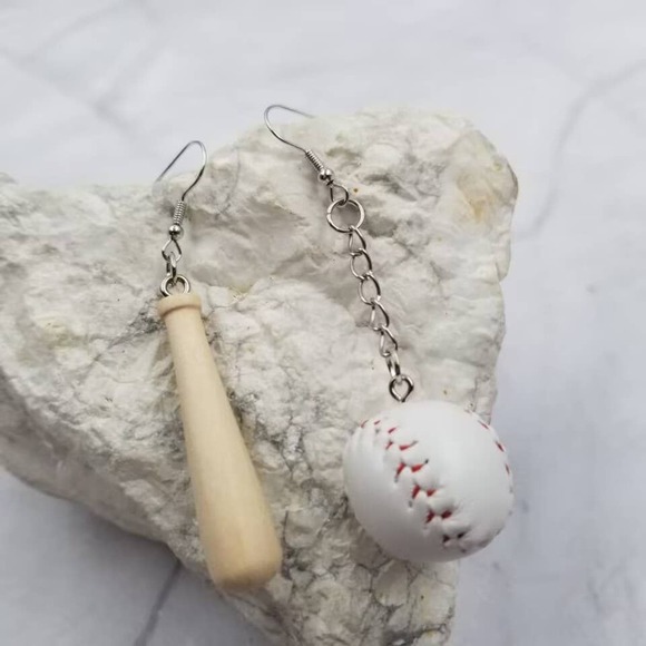 Baseball and Baseball Bat Dangle Earrings - Picture 1 of 2